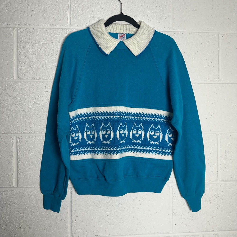 Vintage Jerzees Owl Collared Sweatshirt Teal Blue Knit Bird Motif Made in USA L